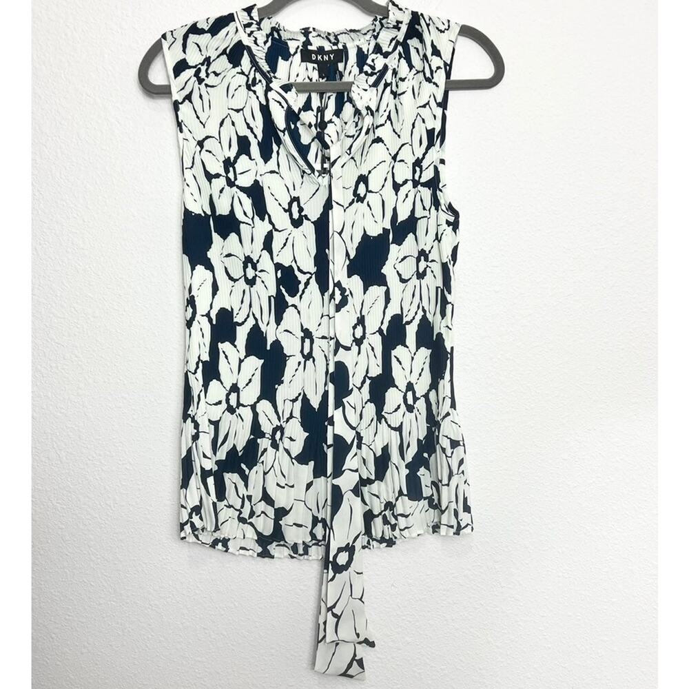 DKNY Womens B/W Pleated Tie Neck Blouse Top Large